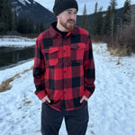 Classic red black buffalo check jacket, pictures taken outside in the snow in Banff, Canada.