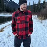 Classic red black buffalo check jacket, pictures taken outside in the snow in Banff, Canada.