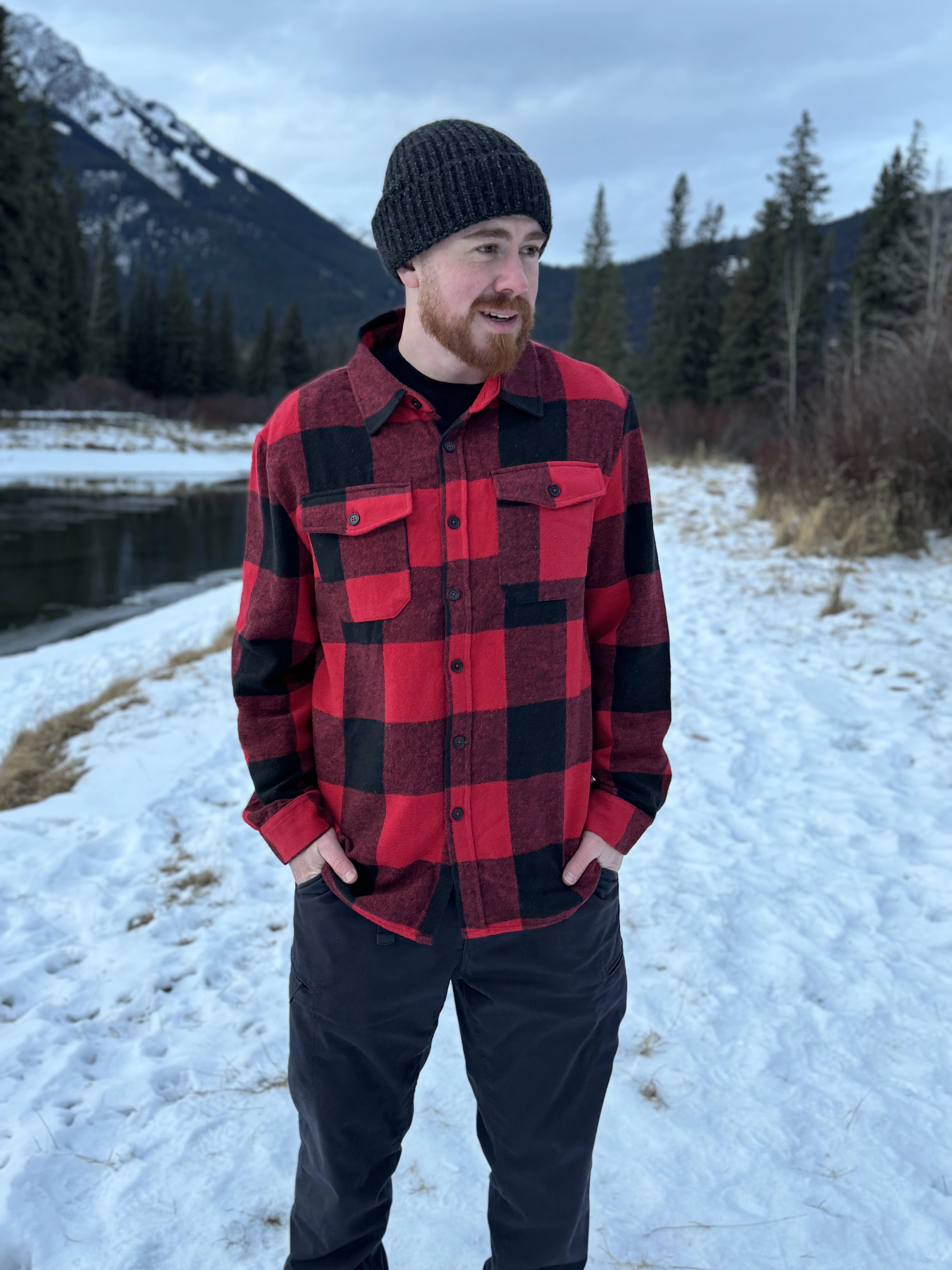 Classic red black buffalo check jacket, pictures taken outside in the snow in Banff, Canada.