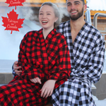 Two people wearing red and black checkered and black and white checkered robes with 'Made in Canada' text.