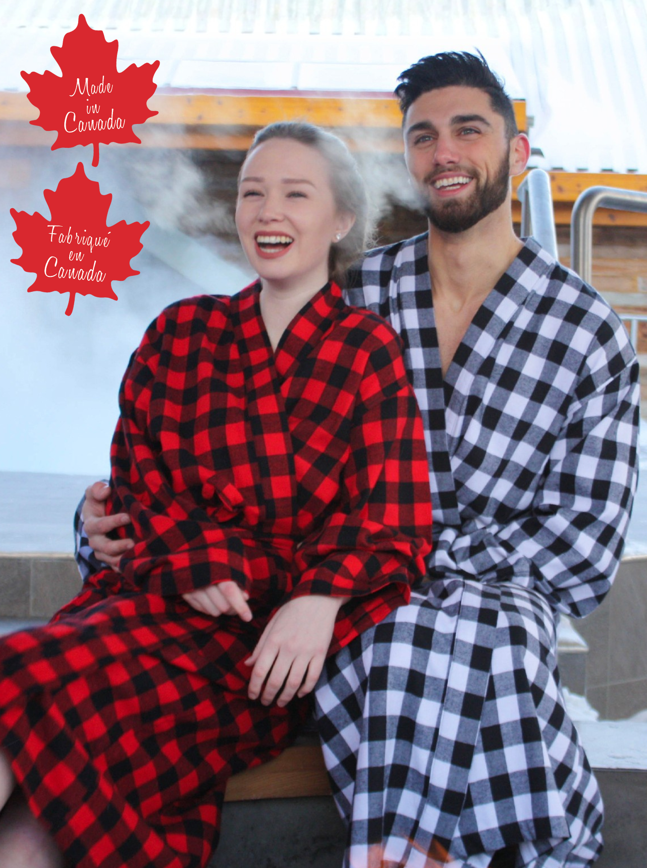 Two people wearing red and black checkered and black and white checkered robes with 'Made in Canada' text.