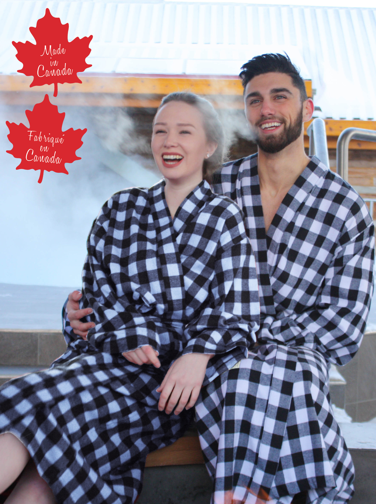 Two people wearing black and white buffalo check robes with a 'Made in Canada' leaf logo in the corner. Photos are set in Banff, Canada