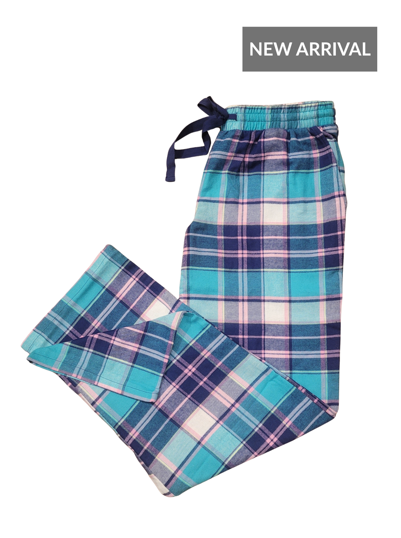 Plaid pajama pants with a 'New Arrival' label on a white background