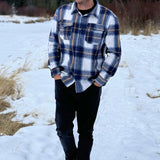 Brush Flannel Shacket in Blue & Caramel Plaid. 75% polyester, 25% cotton. 2 breast pocket.