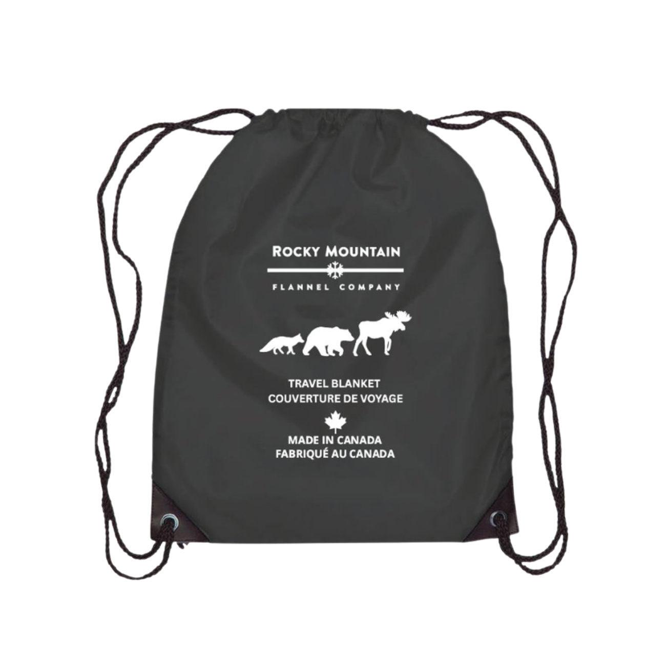 Black drawstring bag with white text and animal illustrations on a white background