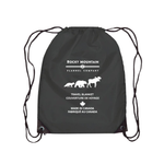 Black drawstring bag with white text and animal illustrations on a white background