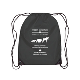 Black drawstring bag with white text and animal illustrations on a white background