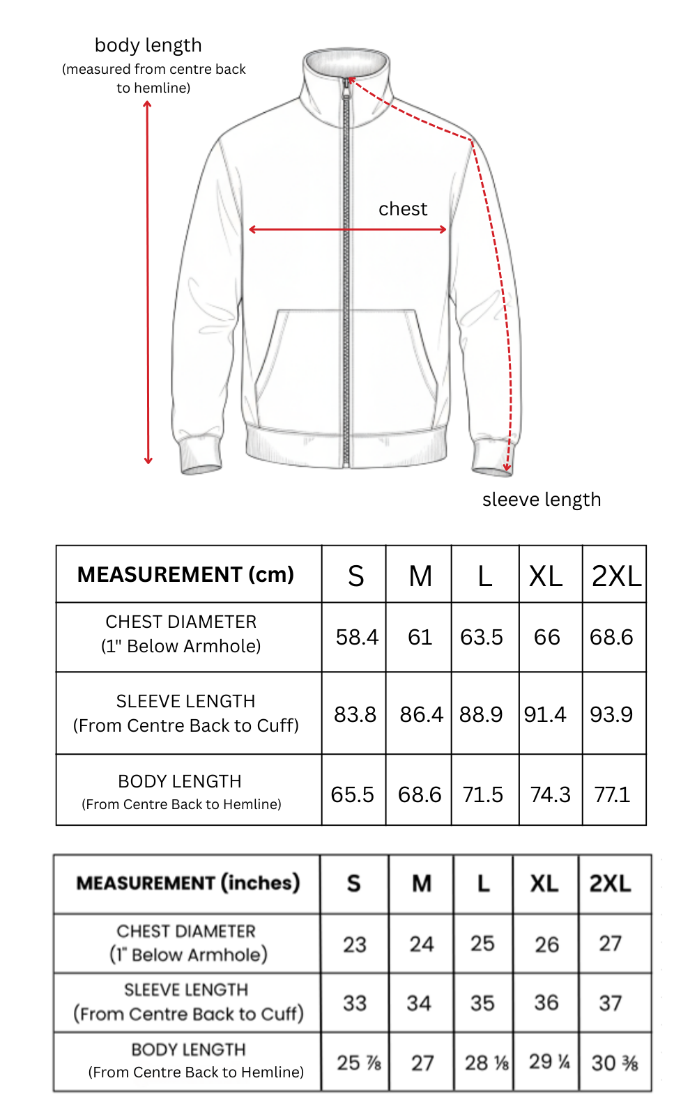 Measurement chart for a jacket with dimensions labeled
