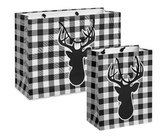 Two gift bags with black and white checkered pattern and deer head design on a white background