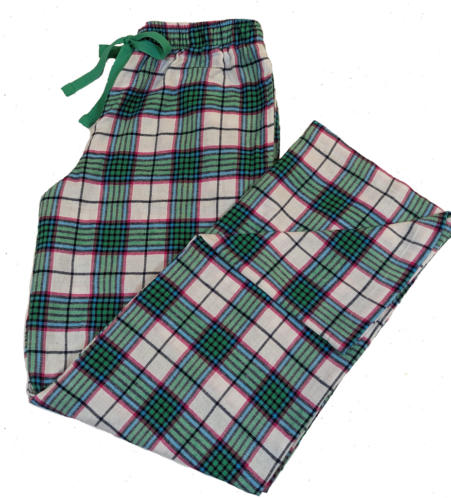 Flannel Lounge Pants in Winter White and Green with Pink Accent