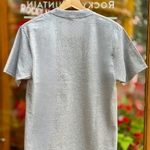 Grey t-shirt on a hanger with a blurred background