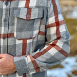 Plaid shirt with a focus on the chest pocket and sleeve, blurred natural background