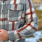 Plaid shirt with a focus on the chest pocket and sleeve, blurred natural background