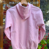 Kids pink hoodie on a hanger with a blurred background.