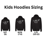 Sizing chart for kids hoodies with black hoodies and text labels.