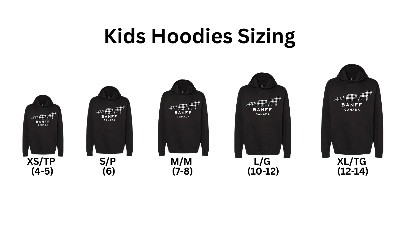 Sizing chart for kids hoodies with black hoodies and text labels.
