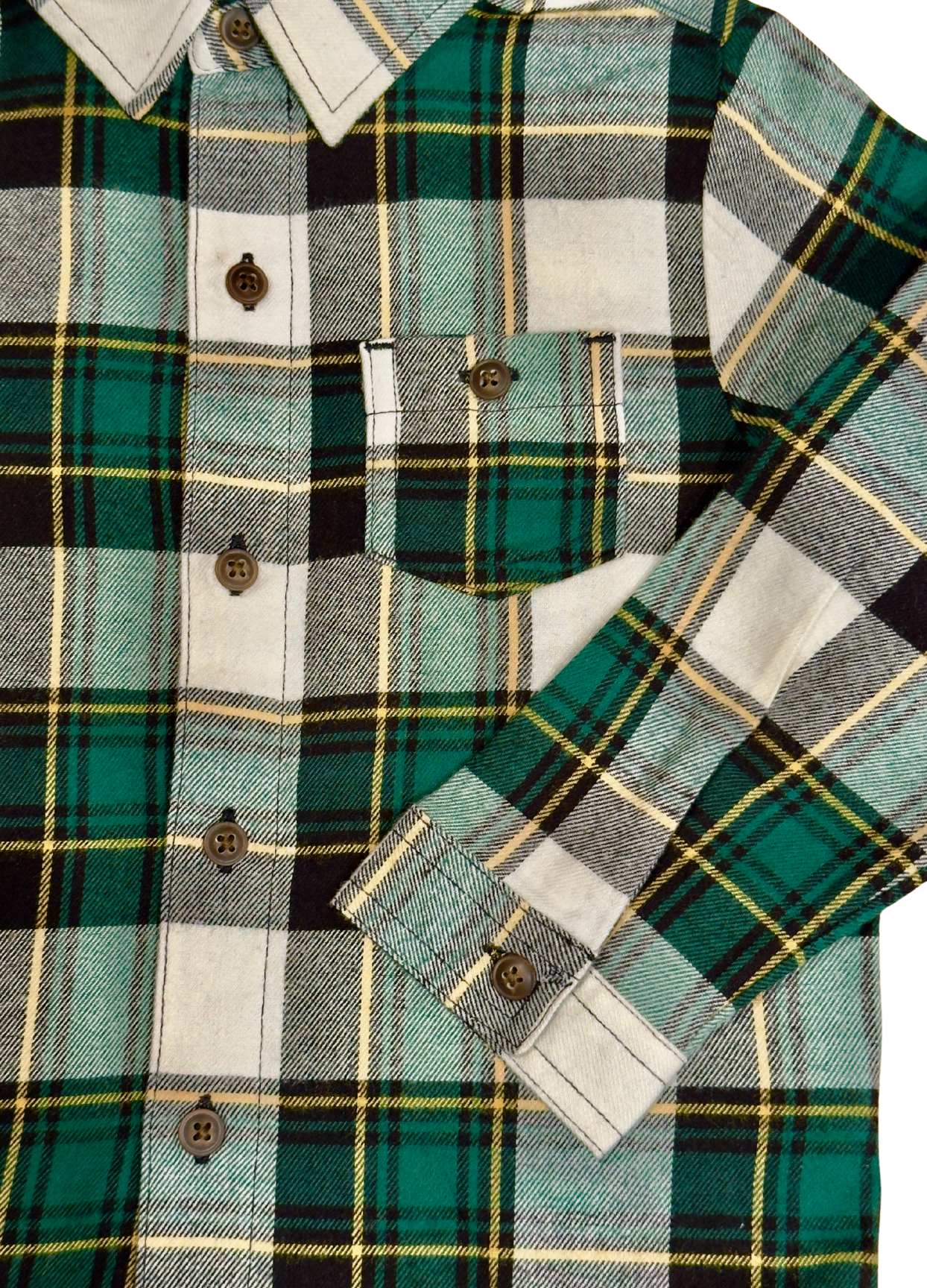 Close-up of a green plaid shirt with buttons