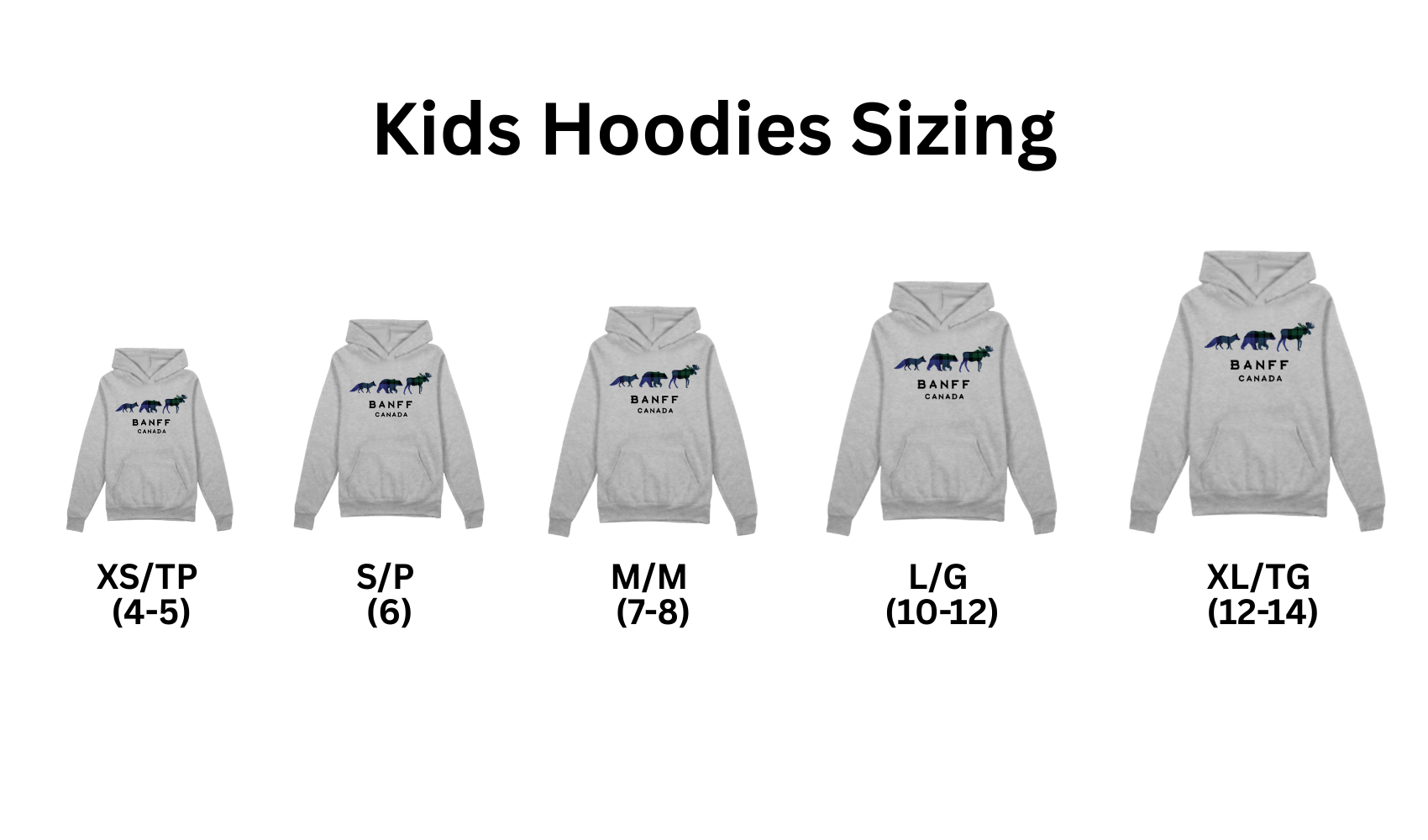 Size chart for kids hoodies with grey hoodies and size labels.
