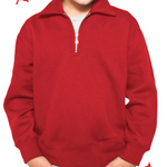 A red kids' unisex polo shirt with a half zipper, collar, and long sleeves, displayed against a white background with a watermark depicting a maple leaf.