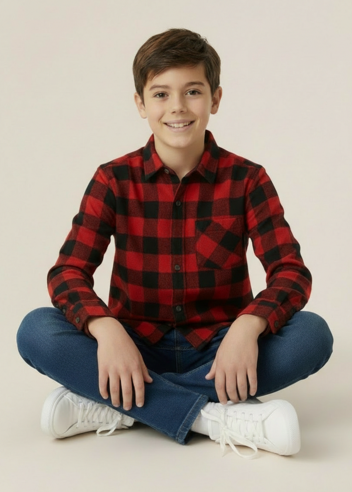 Young boy wearing a red and black buffalo check shirt sitting on the floor against a plain background