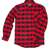 A long-sleeved red and black buffalo check shirt with a single pocket and single button cuff.