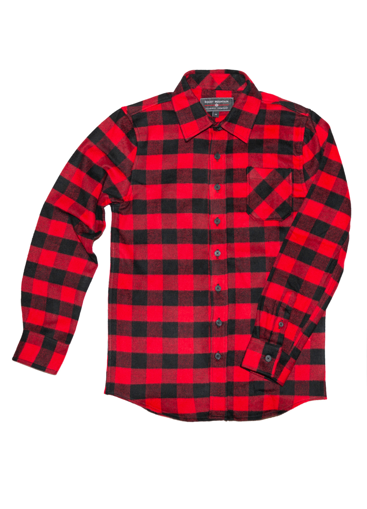 A long-sleeved red and black buffalo check shirt with a single pocket and single button cuff.