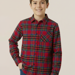 Child wearing a royal stewart tartan shirt against a beige background