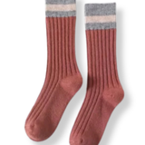 Ladies Cotton Cabin Socks - Terracotta Pink / Grey Stripe