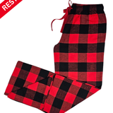 Red and black checkered pajama set with 'Restocked' label on a white background