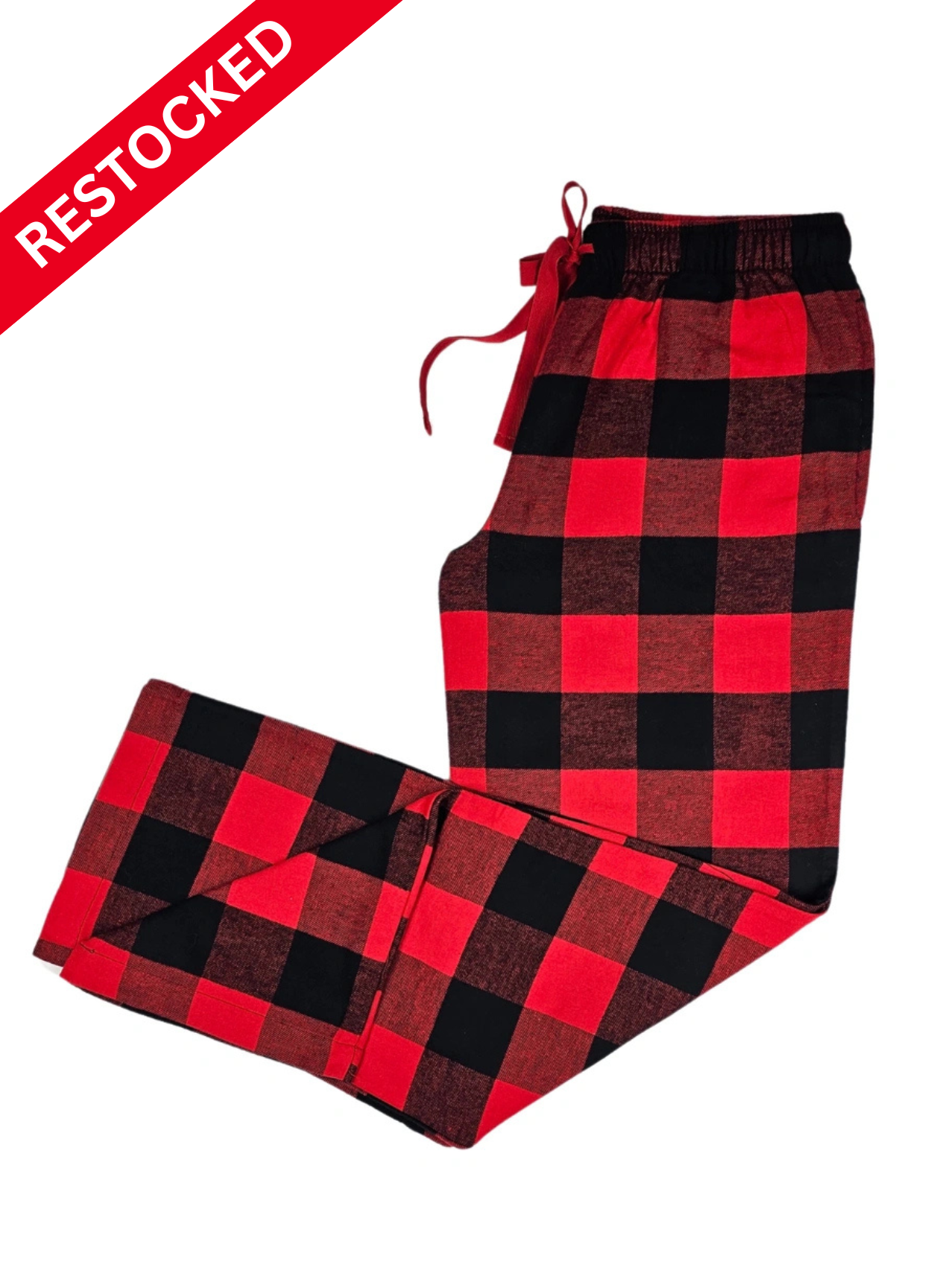 Red and black checkered pajama set with 'Restocked' label on a white background