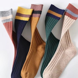 Ladies Cotton Cabin Socks - Oatmeal / Terracotta Stripe