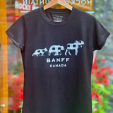 Black t-shirt with white graphic design on a hanger in front of a glass door.