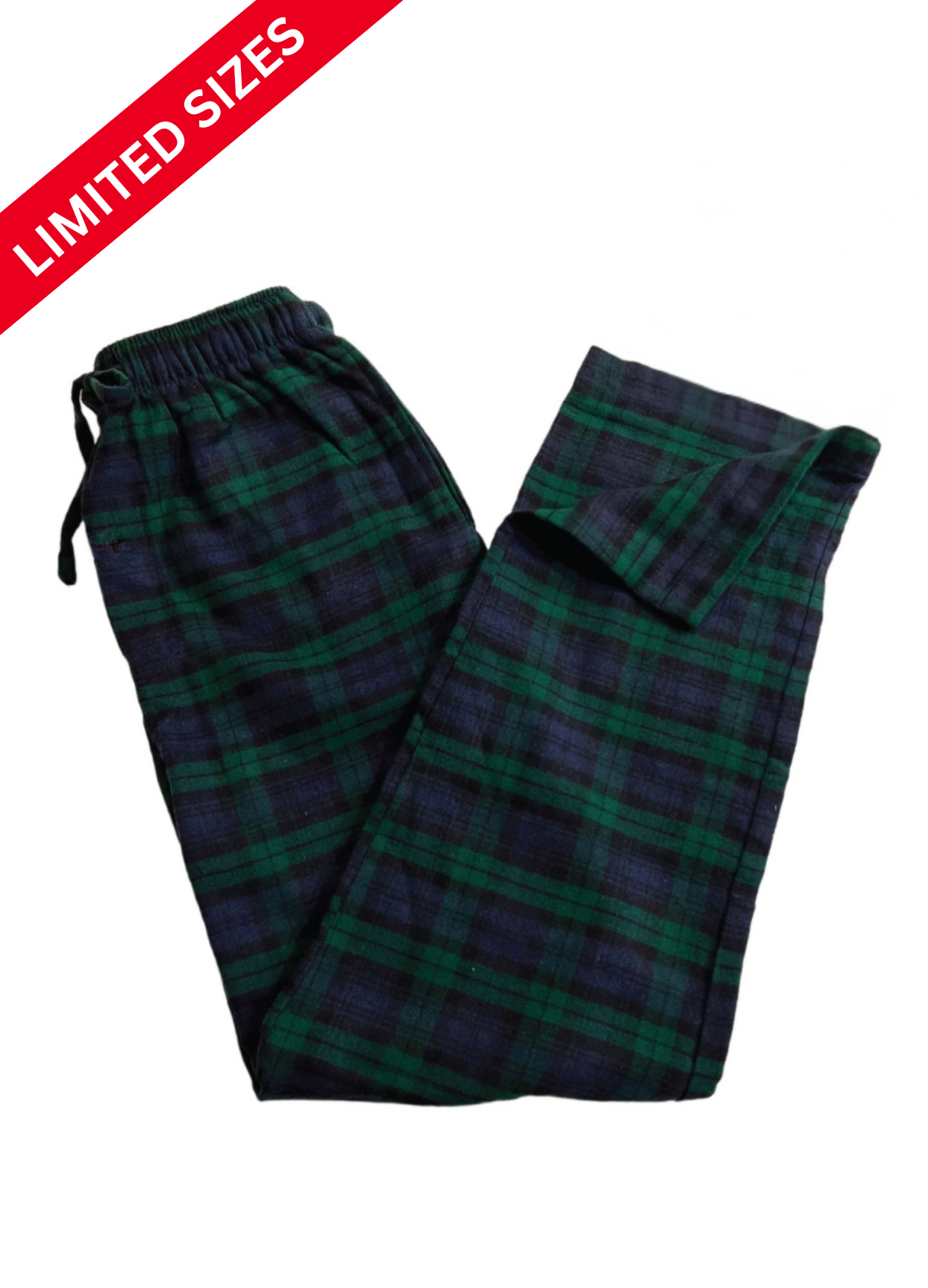 Plaid pajama pants on a white background with a red 'Limited Sizes' banner.