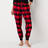 A pair of red and black buffalo check lounge pants with a drawstring waist and knit cuff.