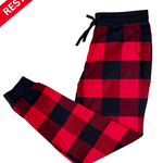 Red and black checkered pajama pants on a white background with 'RESTOCKED' label.