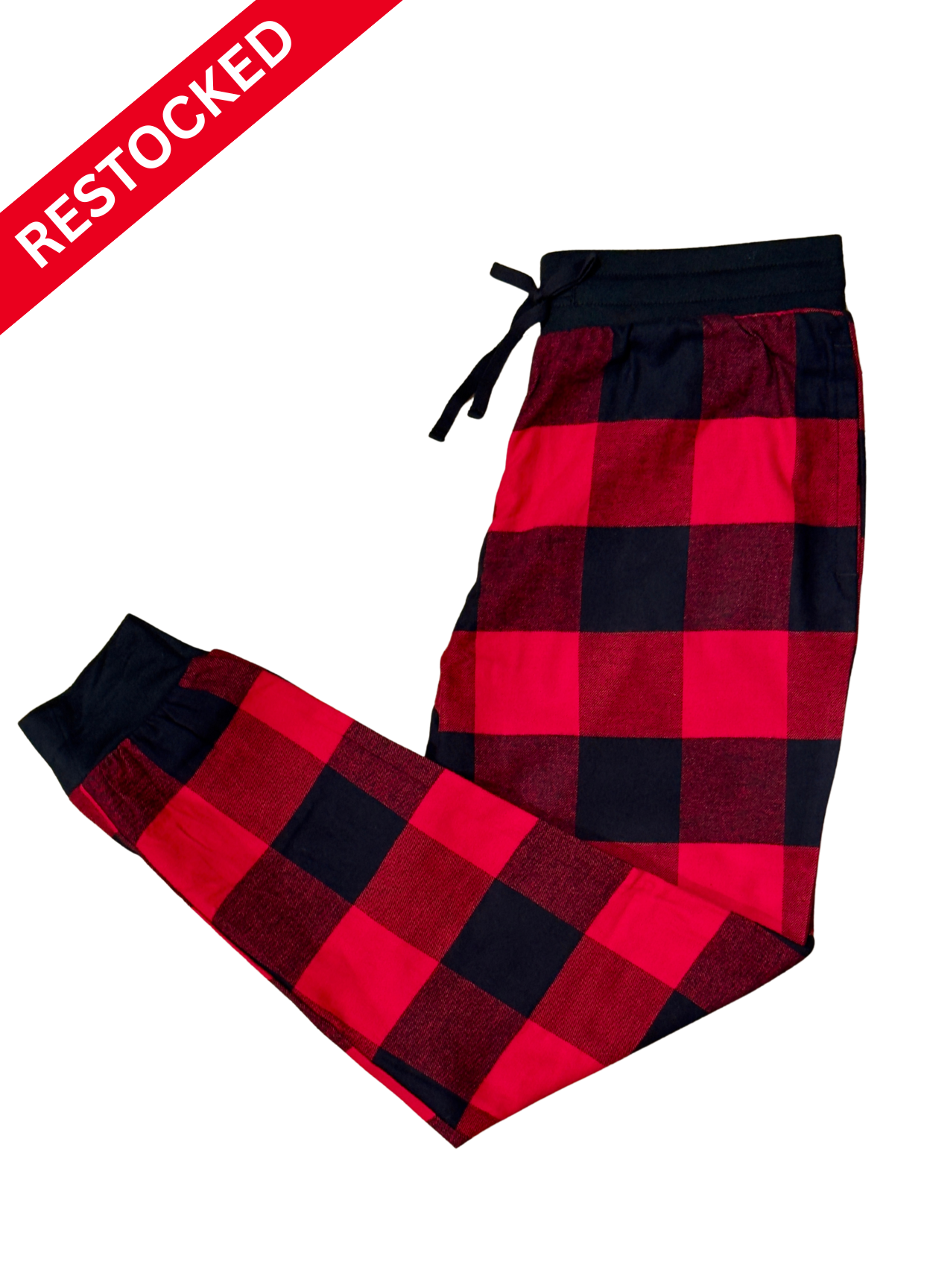 Red and black checkered pajama pants on a white background with 'RESTOCKED' label.
