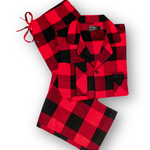 Red and black buffalo check ladies pajama set on a white background