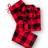 Red and black buffalo check ladies pajama set on a white background
