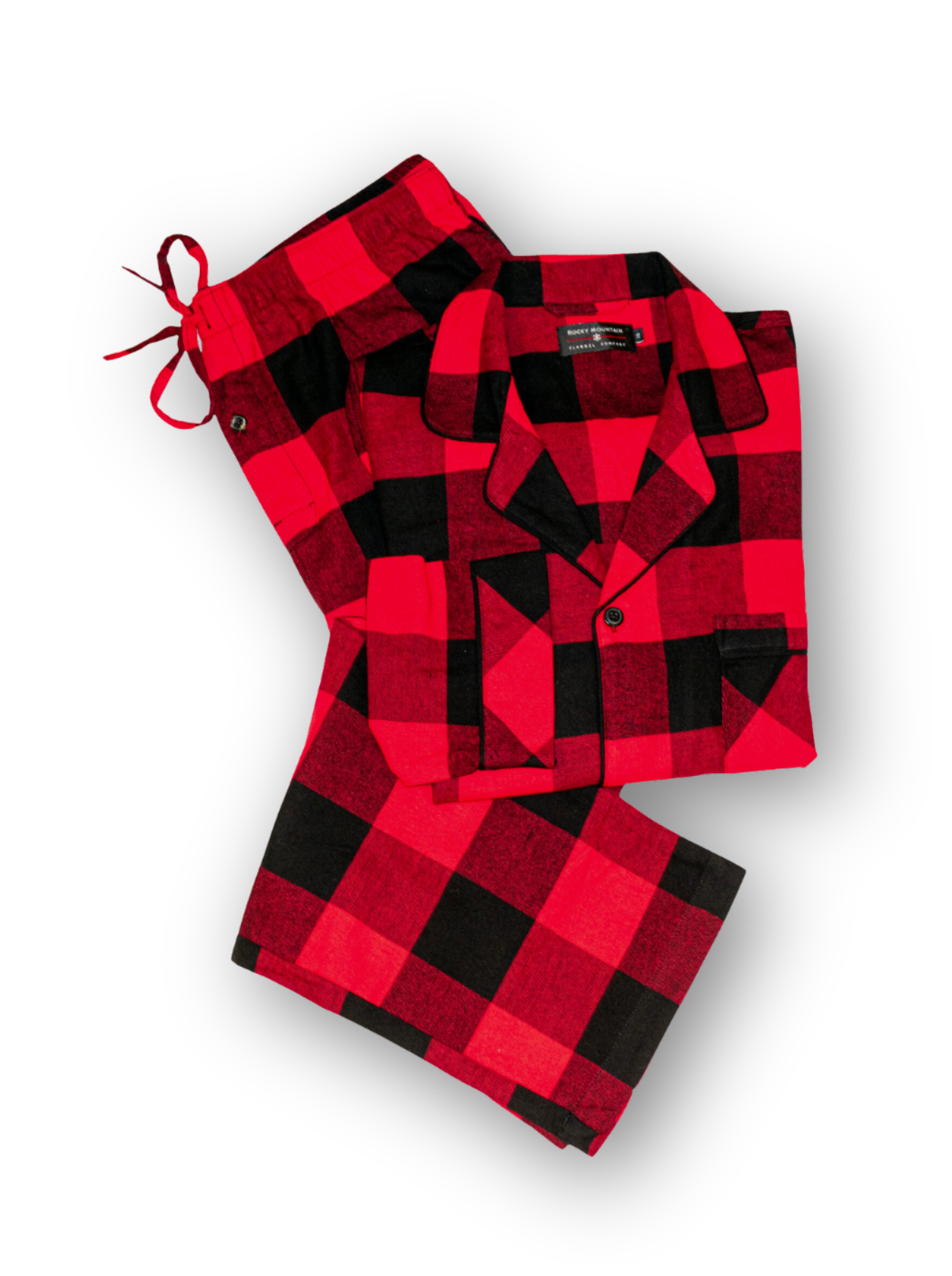 Red and black buffalo check ladies pajama set on a white background