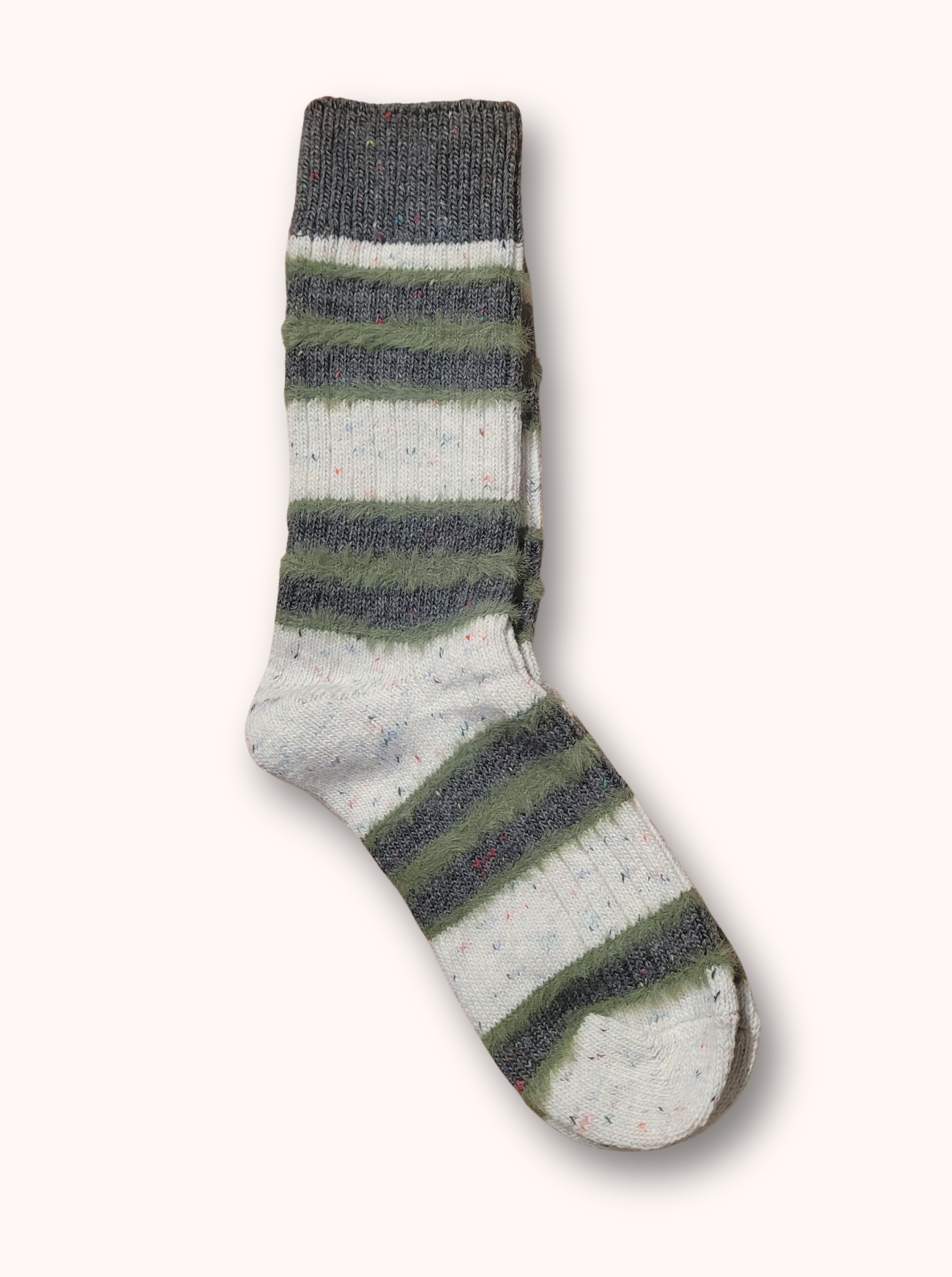 Striped sock with gray, green, and white colors on a white background