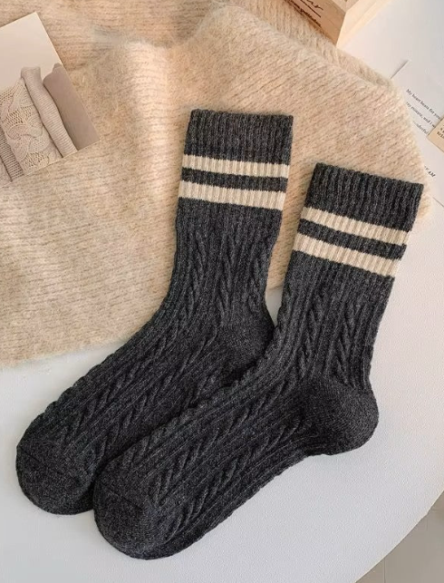 Pair of dark gray wool socks with cream stripes 