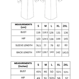 Measurement chart for 1003 Long Nightshirts with bust, hip, sleeve length, and back length dimensions.
