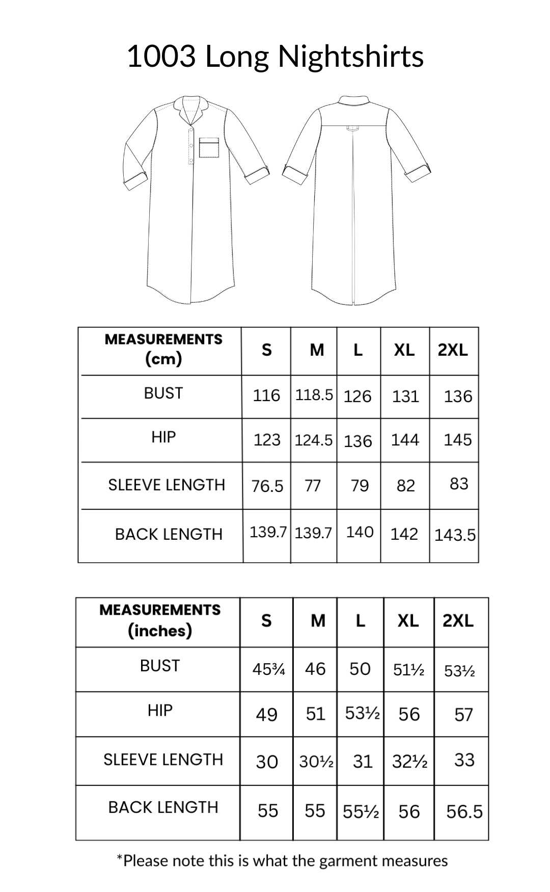 Measurement chart for 1003 Long Nightshirts with bust, hip, sleeve length, and back length dimensions.