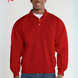 Man wearing a red 3 button polo sweatshirt with 'Made in Canada' label on a white background