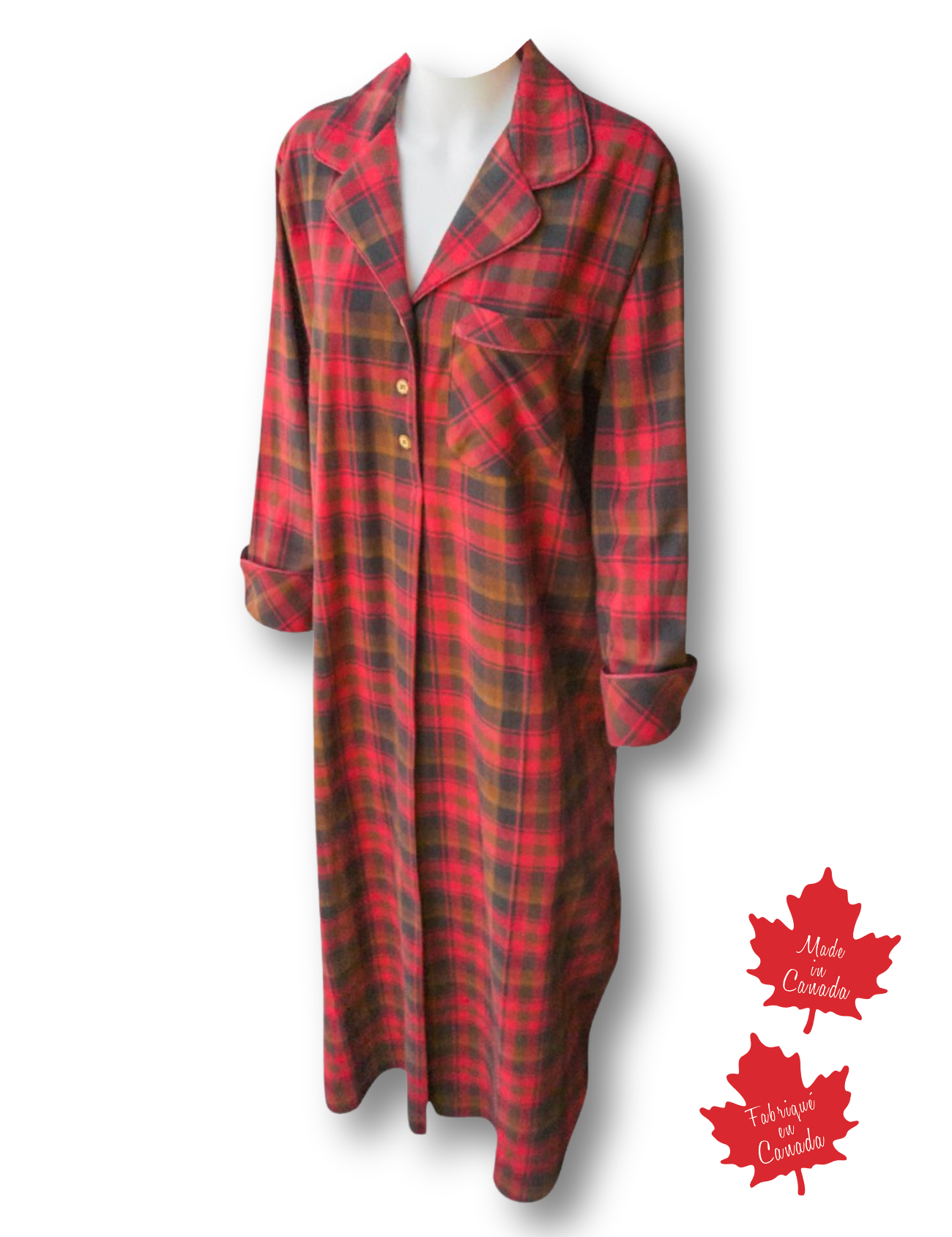 Maple Leaf Tartan Nightshirt on a white background with 'Made in Canada' label.