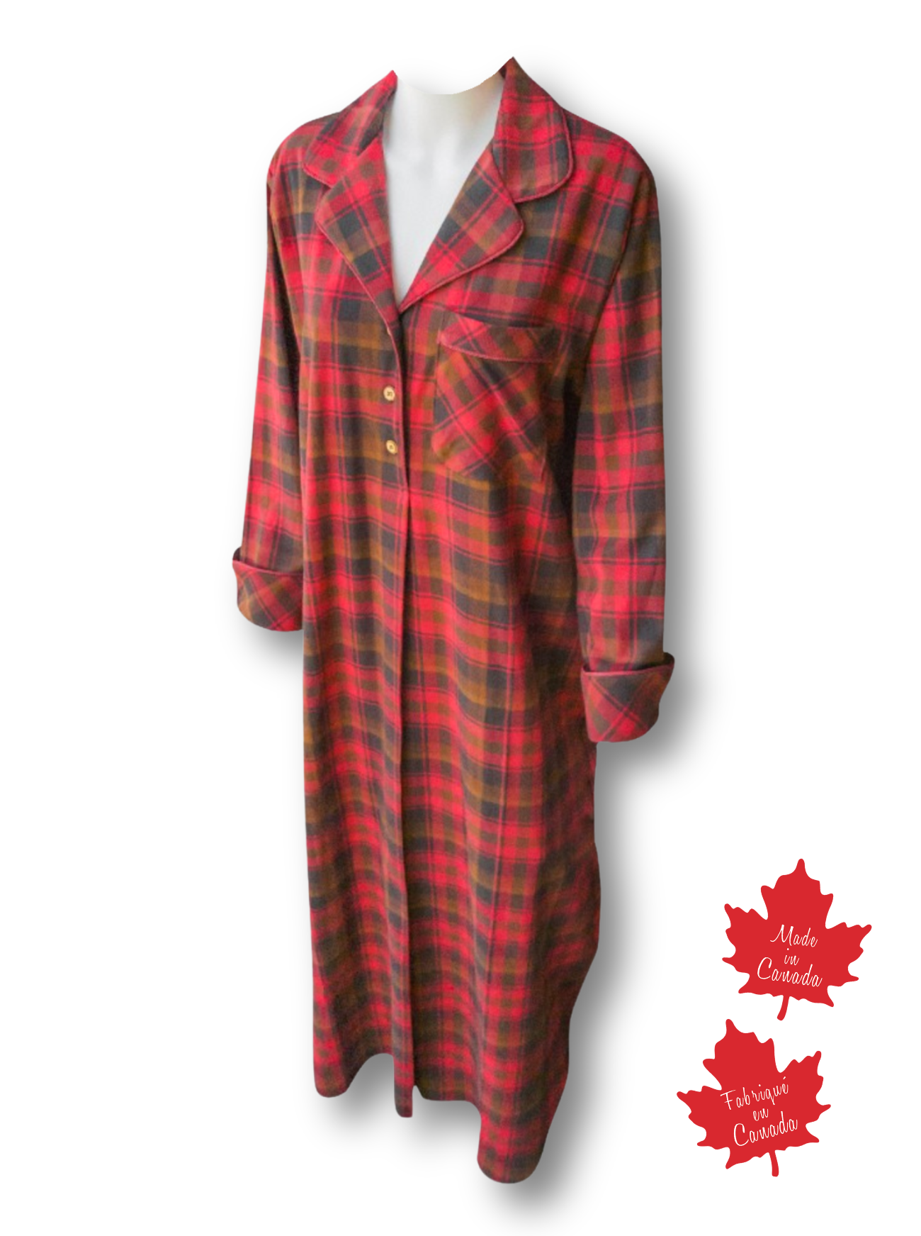 Maple Leaf Tartan Nightshirt on a white background with 'Made in Canada' label.
