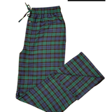 Plaid pants with a restocked label on a white background