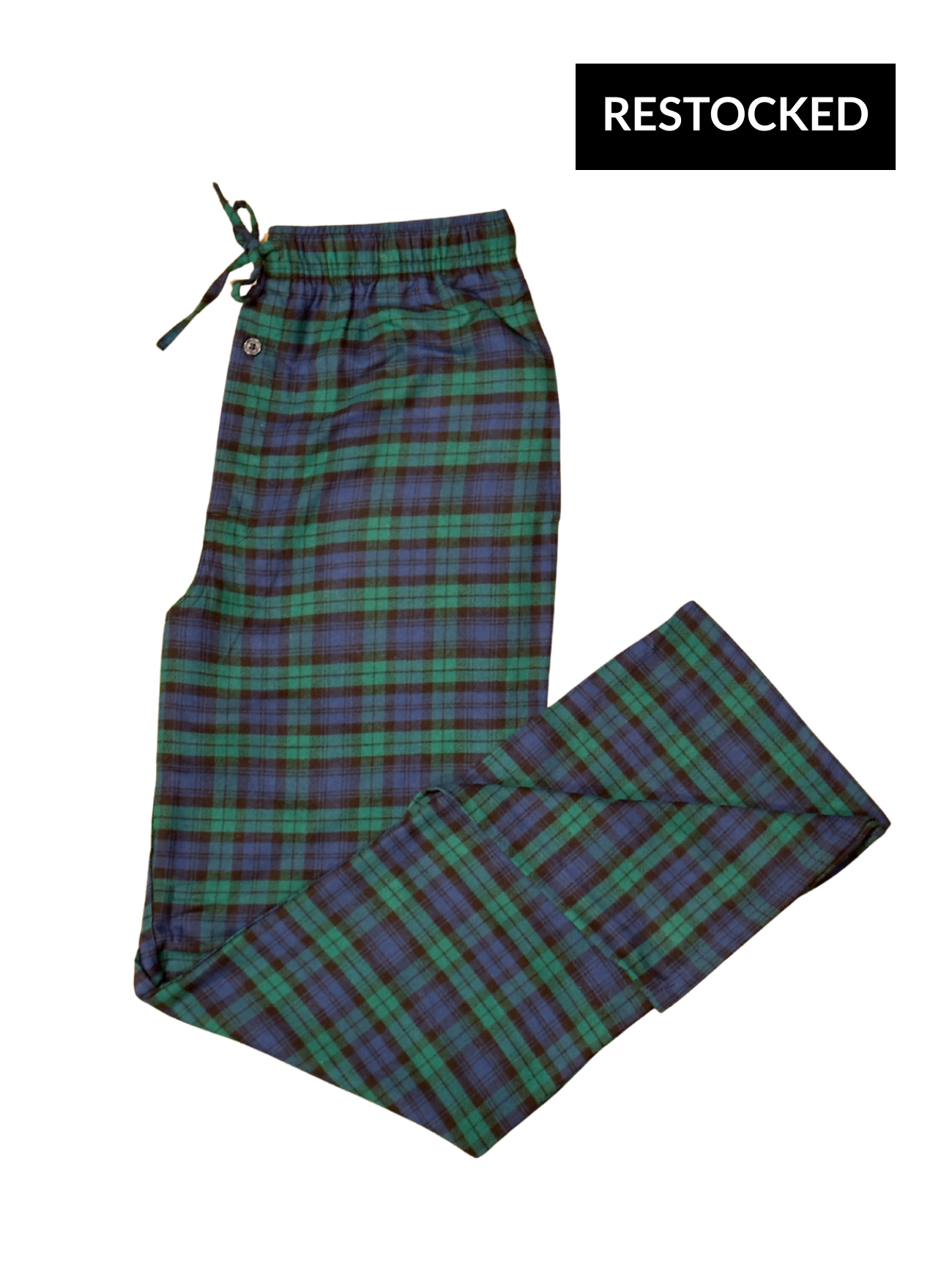 Plaid pants with a restocked label on a white background