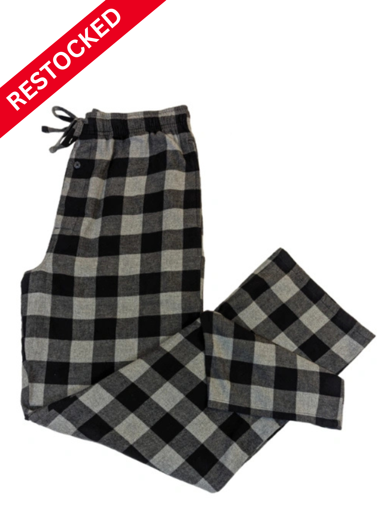 Black and gray checkered pajama pants with a 'Restocked' label on a white background