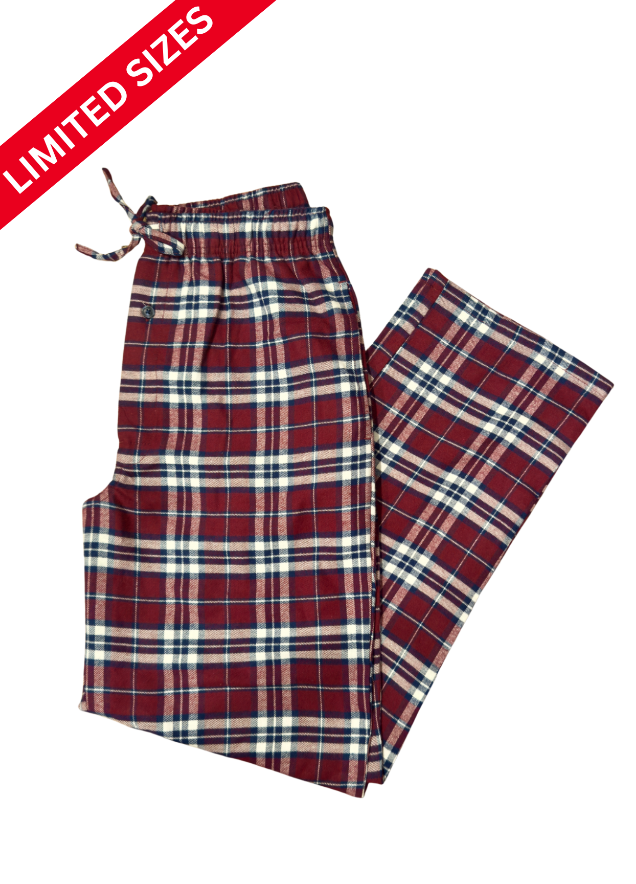 Plaid pajama pants on a white background with a red label indicating limited sizes.